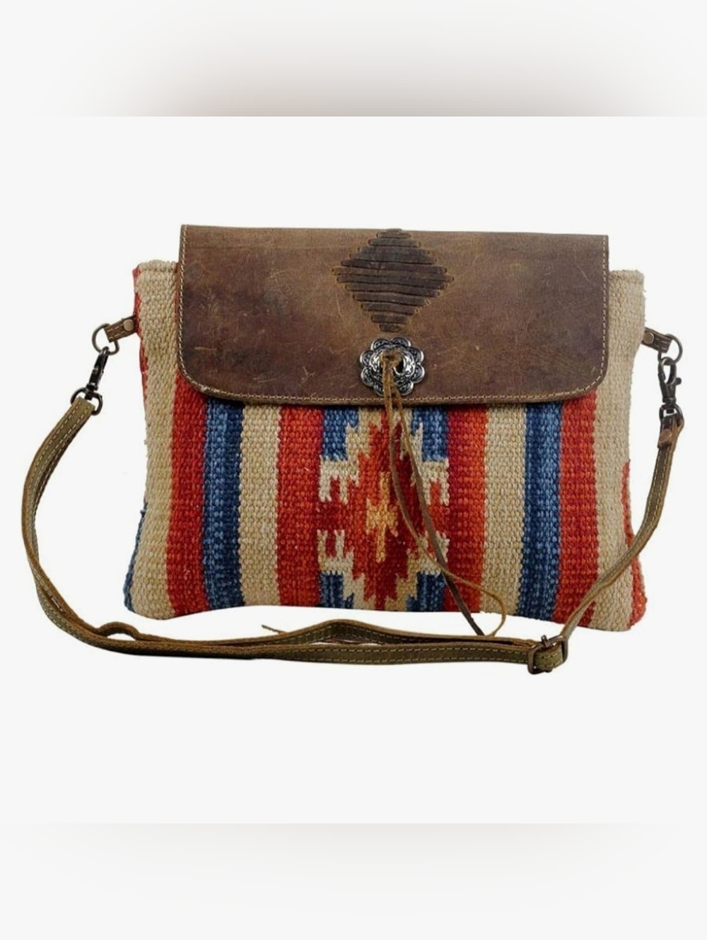 Myra Win Win Crossbody Bag Rustic Brown Leather & Southwestern Canvas Tapestry - Picture 2 of 14